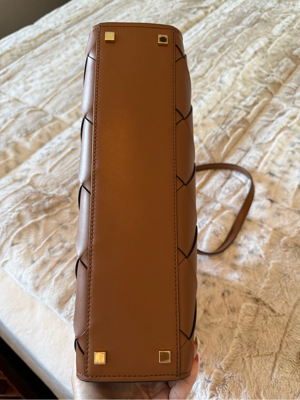 Michael Kors Woven Satchel in Cognac Brown with Gold Accent - Picture 5 of 9